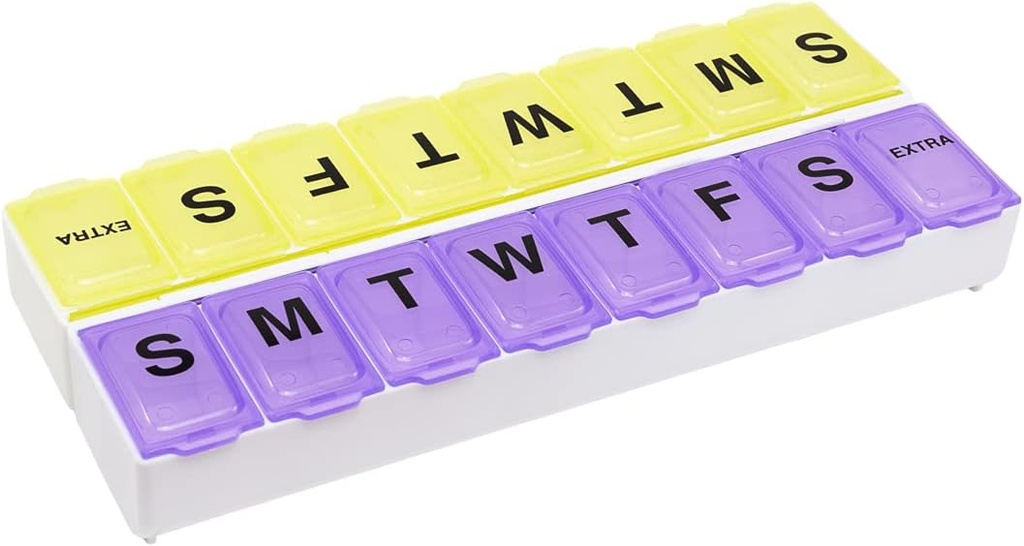 EZY DOSE Weekly (14-Day) Διοργανωτής χαπιών, βιταμίνη και κουτί ιατρικής, μεγάλα διαμερίσματα snap, εύκολο να ανοίξει, BPA δωρεάν, μοβ και κίτρινο