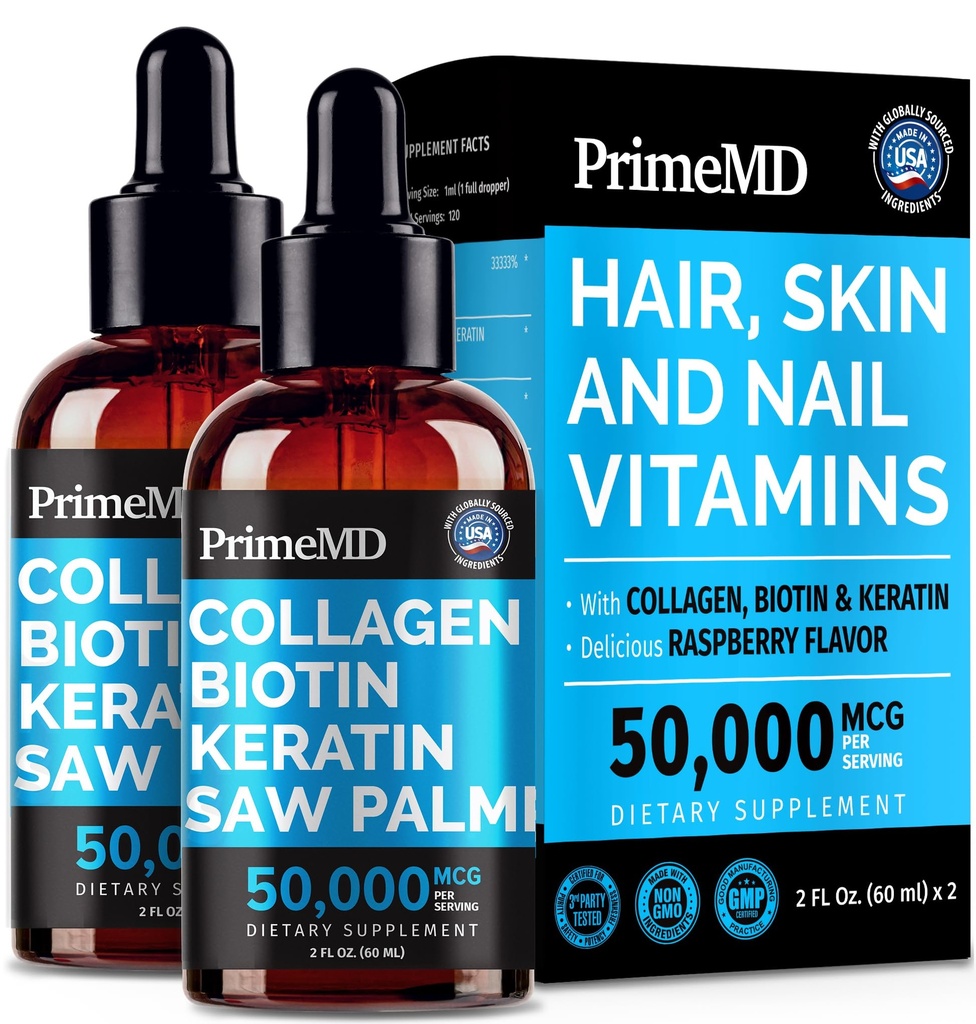Liquid Collagen Peptides for Women - Σύμπλεγμα ορού με βιταμίνη βιοτίνης, υδρολυμένη πρωτεΐνη κερατίνης και πριόνι Palmetto - Comprehensive Formula for Hair, Skin, and Nails Wellness - 2fl oz (Pack of 2)