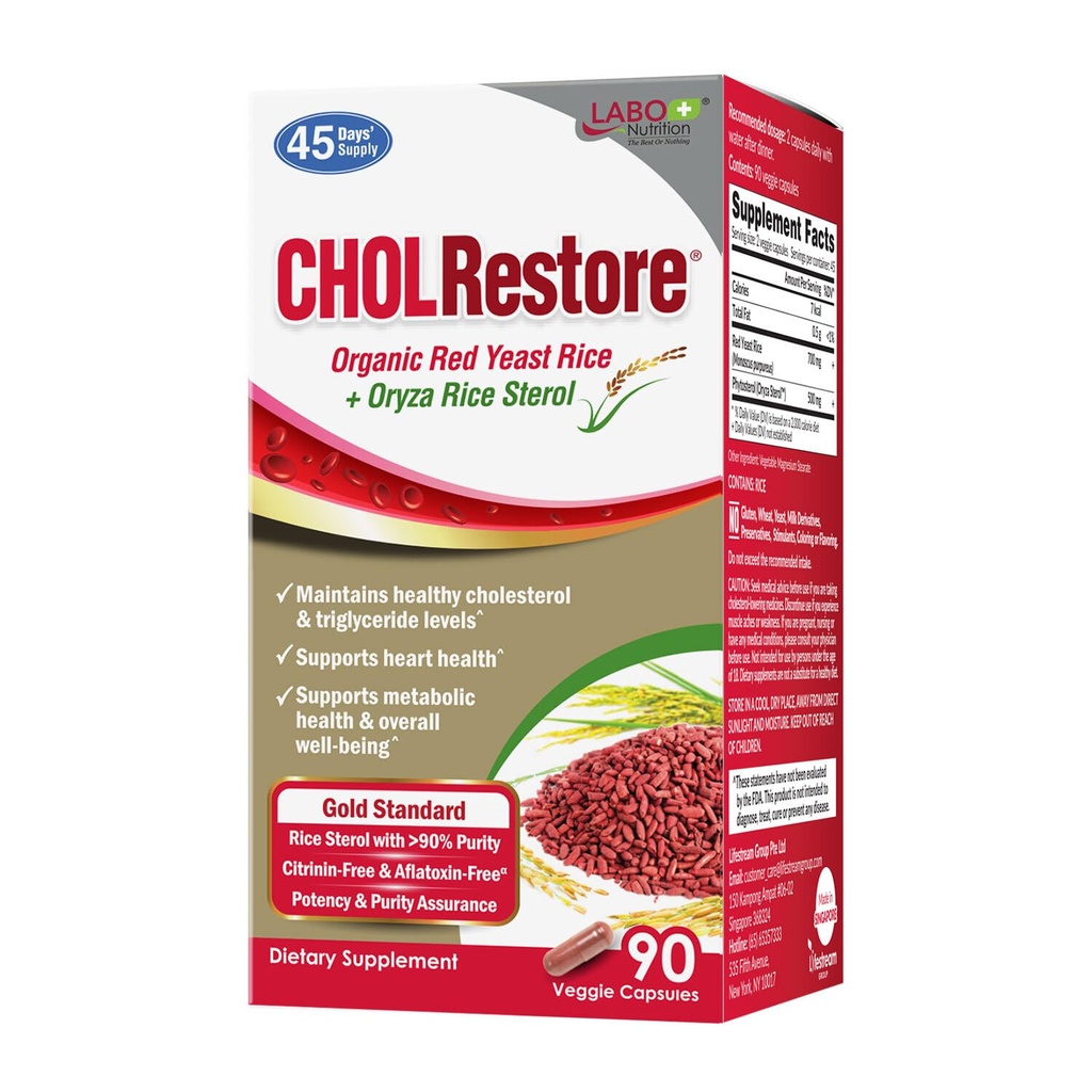 LABO Διατροφή CHOLRestore – Κόκκινο ρύζι ζύμης με Φυτοστερόλη Συμπλήρωμα υγείας, Υποστηρίζει υγιή επίπεδα χοληστερόλης, κιτρινίνη, αφλατοξίνη & χωρίς σόγια, 90 κάψουλες χορτοφάγων
