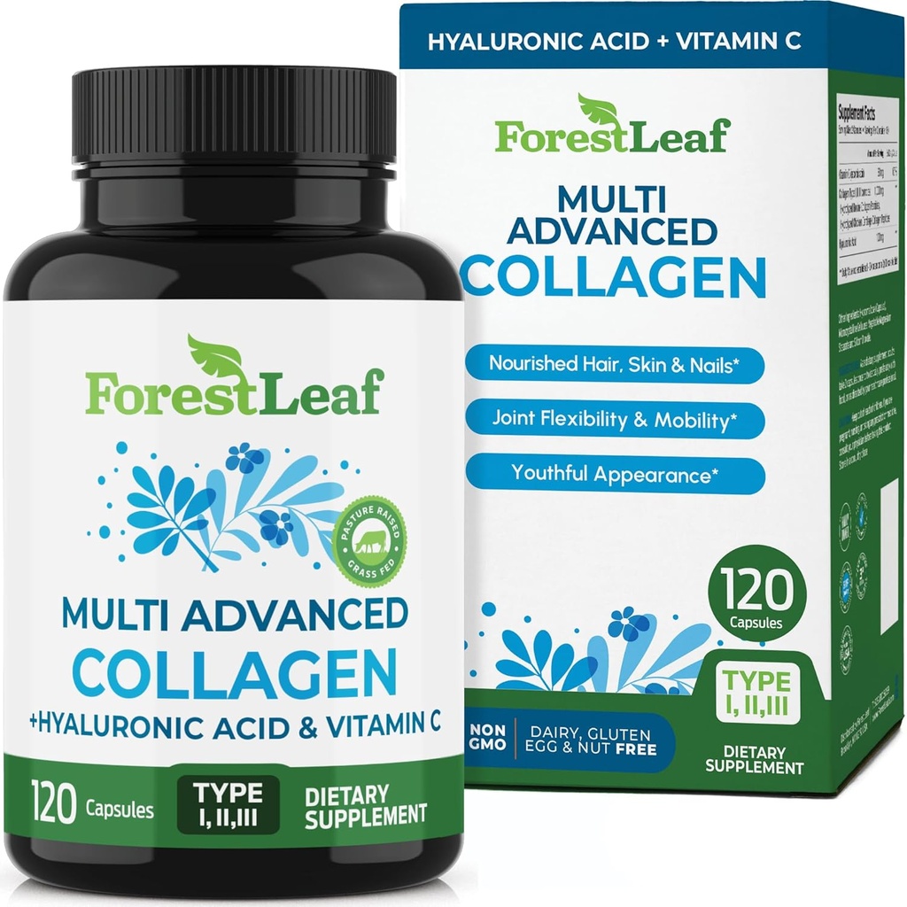 ForestLeaf Multi Collagen Pills with Hyaluronic Acid + Vitamin C | Hydrolyzed Collagen Supplements for Women or Men | Multi Collagen Capsules Peptides for Skin, Wrinkles, 120 Caps