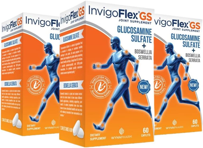 INVIGOFLEX Γλυκοζαμίνη Sulfate (Shellfish Free, Sodium Free & Vegetarian Safe) Μη ΓΤΟ, Χωρίς Γλουτένη - με Boswellia Serrata - Premium Joint Supplement GS - 3 Pack