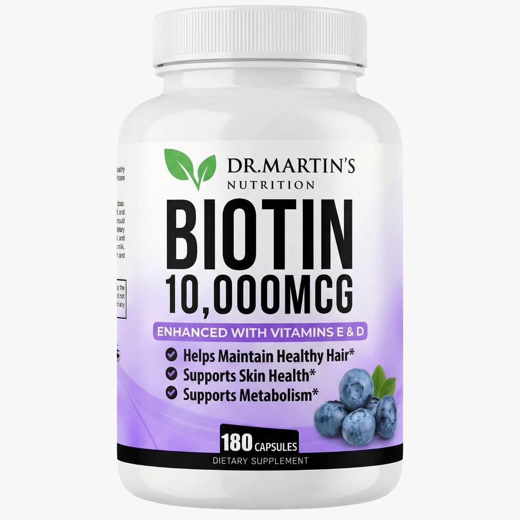 Δυνατή βιοτίνη (Βιταμίνη Β7) 10.000 mcg με βιταμίνη D & E συμπλήρωμα 