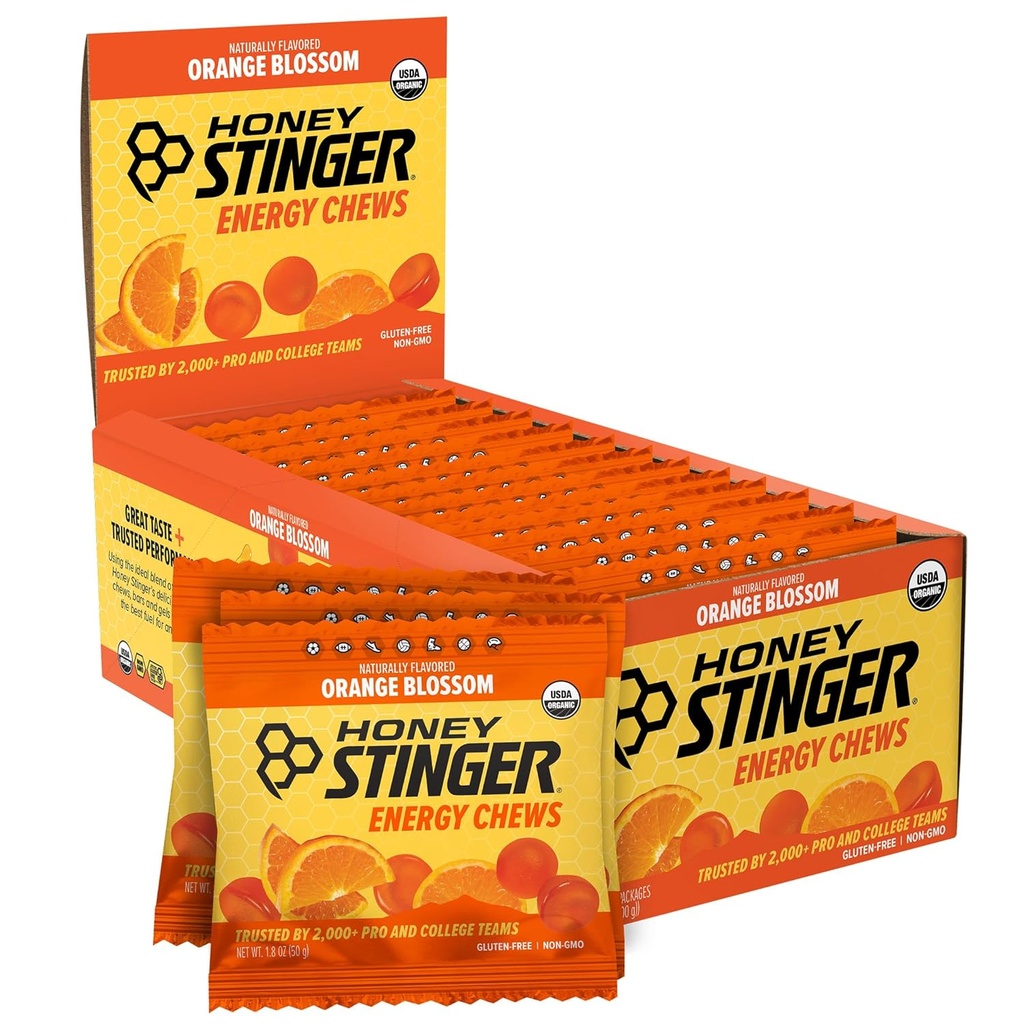 Μέλι Stinger Organic Orange Blossom Energy Chew, Χωρίς γλουτένη & καφεΐνη, για άσκηση, τρέξιμο και απόδοση, Αθλητική διατροφή για το σπίτι & γυμναστήριο, προ και μέση προπόνηση, 12 πακέτο, 21,6 ουγγιά