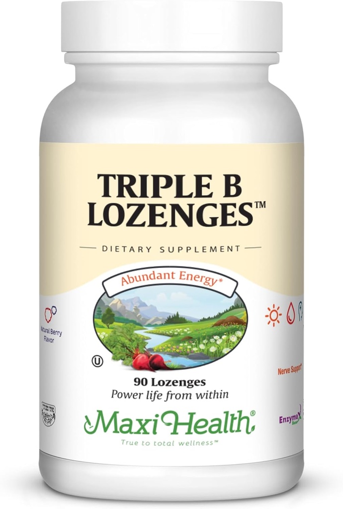 Maxi Health Triple B Lozenges - Βιταμίνη Β12 & Β6 & Βιοτίνη - Flavor Φράουλα - 90 Chewies - Kosher