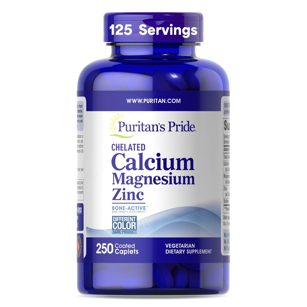 Puritan's Pride Premium Chelated Calcium Magnesium Zinc with Bone-ActiveTM, Συμπλήρωμα διατροφής για την υγεία των οστών και την ανοσοποιητική λειτουργία Υποστήριξη, 250 Coated Caplets