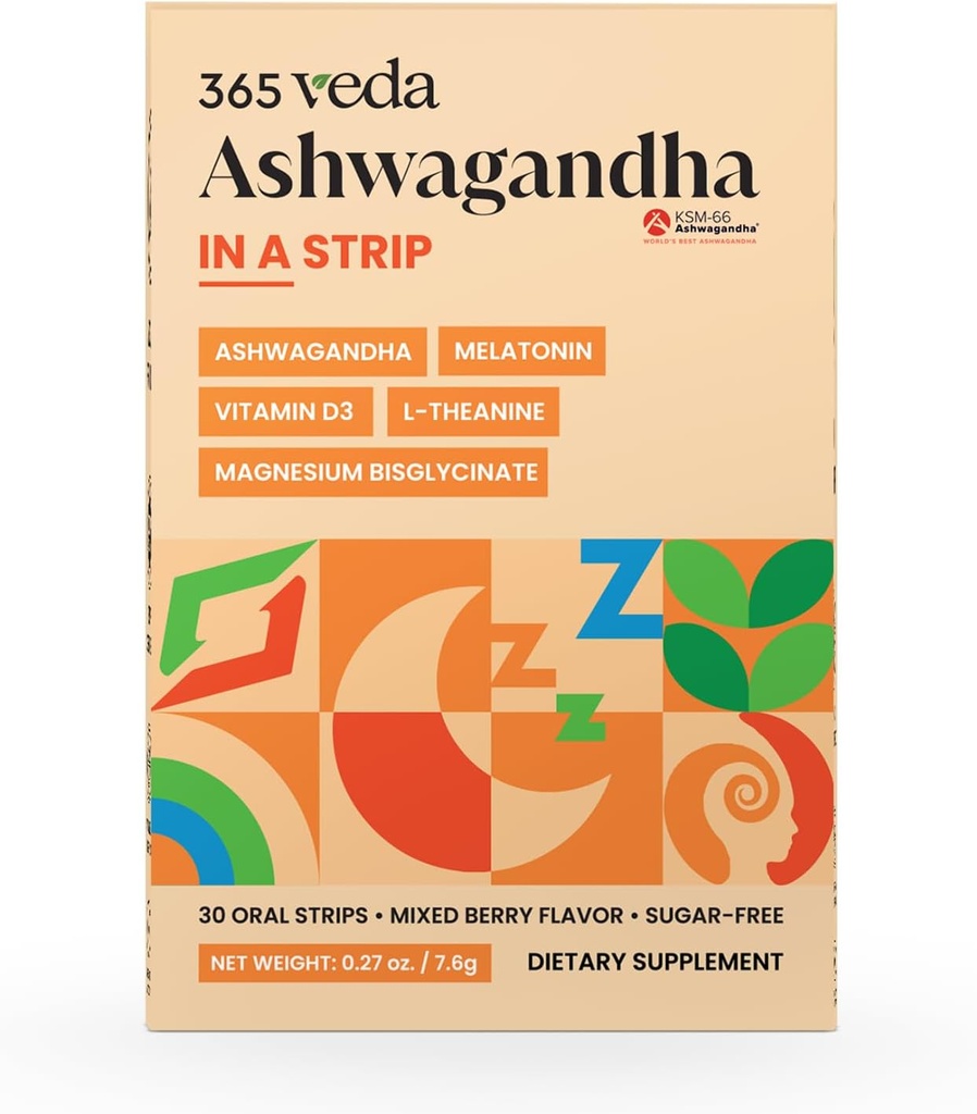 Ashwagandha Oral Strips 100 mg KSM 66 Ashwagandha, L-Θεανίνη, μελατονίνη, βιταμίνη D3 και μαγνήσιο, Vegan Strip για άνδρες και γυναίκες, χωρίς ζάχαρη, χωρίς GMO, 30 στοματικές λωρίδες (Berry)