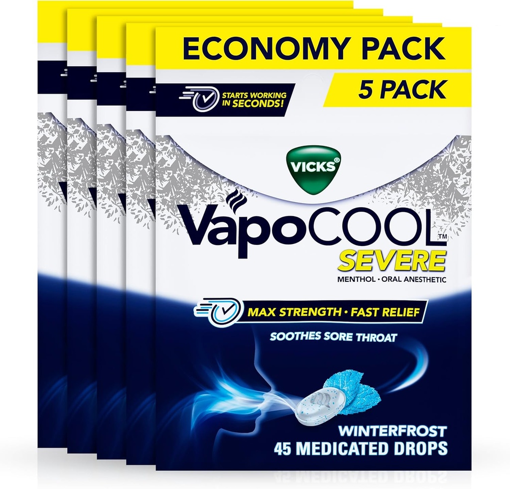 Vicks VapoCool Σοβαρές σταγόνες λαρυγγικού λαρύγγιτος, Max δύναμη Μέντχολ, Soothes Sore λαρύγγι πόνο, Winterfrost άρωμα, 225ct (5 πακέτο των 45ct)