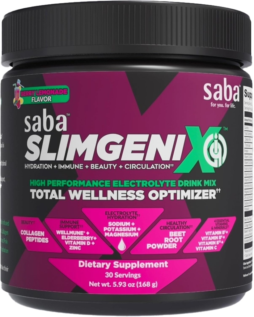 Saba SlimGenix IQ | 4-in-1 Optimizing Drink Mix | Berry Lemonade Flavor | Hydration + Immune Support + Circulation + Beauty | 30 Servings |