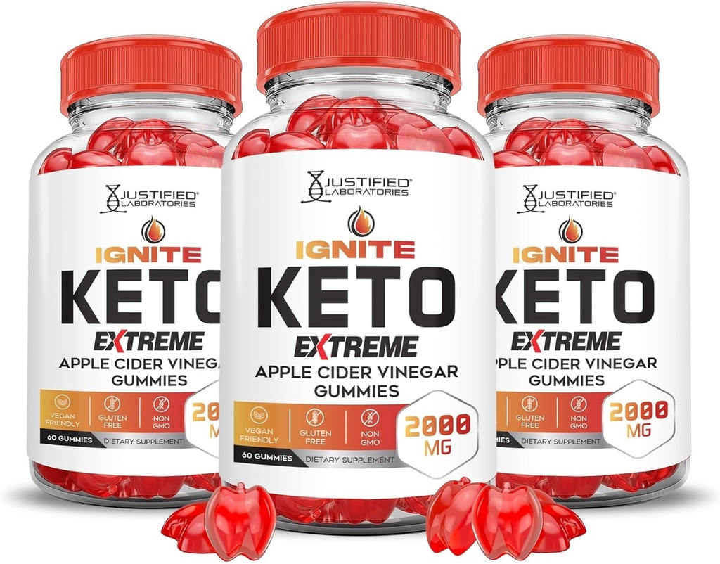 Justified Laboratories (3 Pack Ignite Keto ACV Gummies Extreme 2000MG Advanced Ignite Keto Gummies Apple Cider Vinegar Formed with Pomegranate Beet Juice Powder B12 Vegan Non GMO 180 Gummys