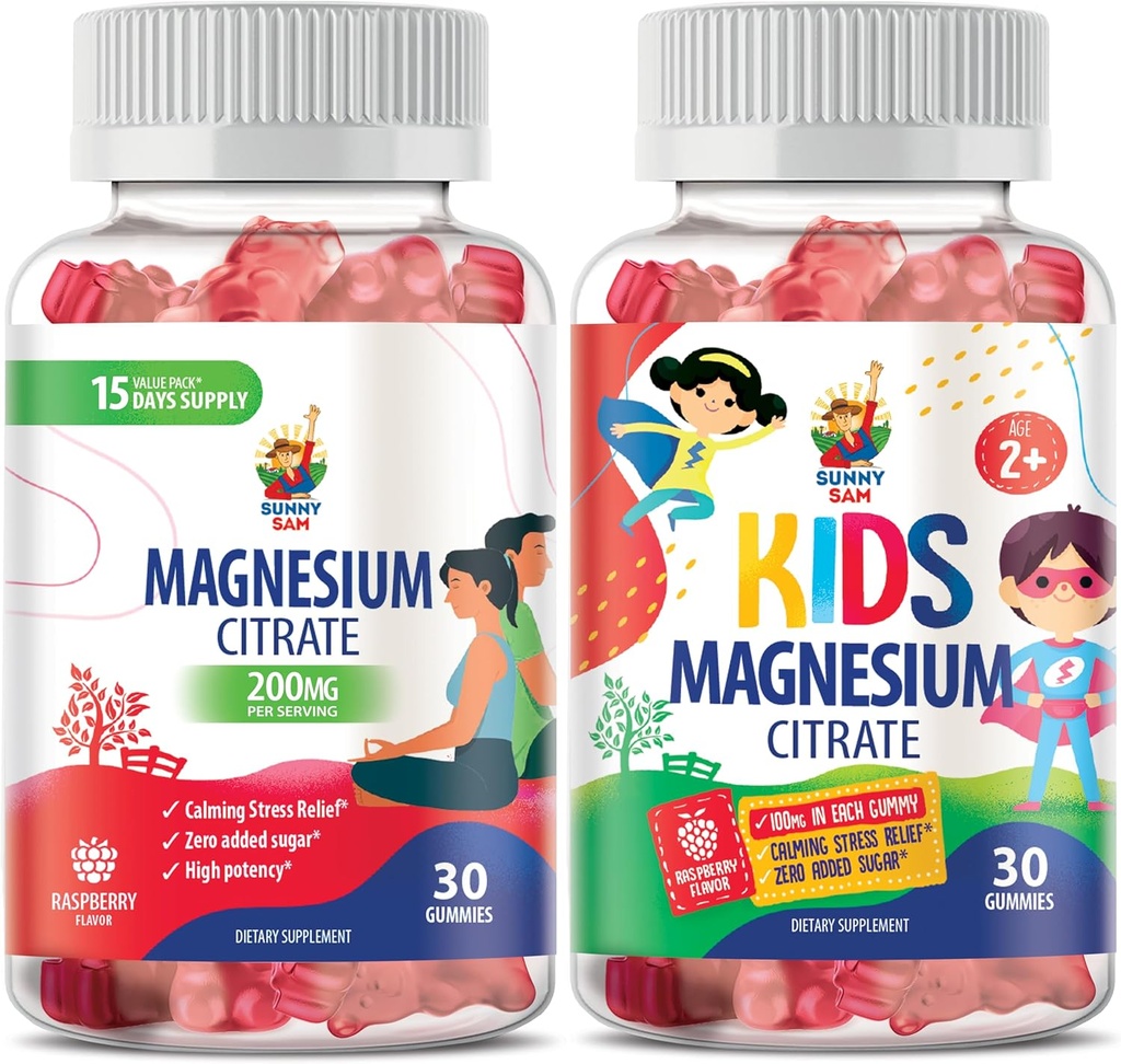SUNNY SAM Magnesium Gummies for Kids and Magnesium Gummies for Kids & Adults - 100mg - Ηρεμία Μάσημα Μαγνησίου - Μαγνήσιο Κιτρικό Μασώμενο συμπλήρωμα για την υποστήριξη Mood & Muscle