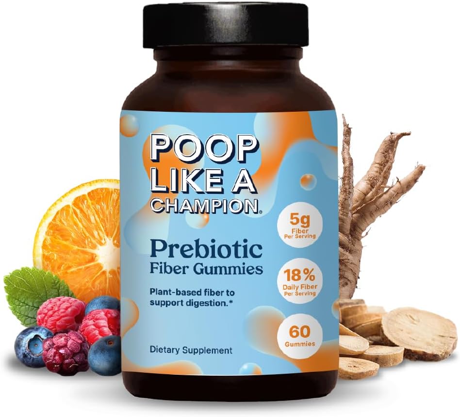 Poop Like a Champion Fiber Gummies – 5g Fiber per Serving, Non-GMO, Vegan, Digestive Support, 60 κομμάτια ανά μπουκάλι