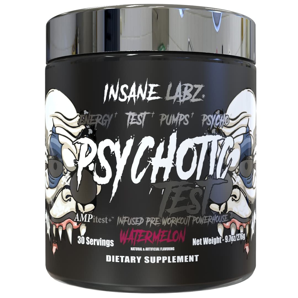 Insane Labz Psychotic Test, High Stim Testosterone Energy and Pump Boosting Pre-Workout Powder with DMAE Bitartrate, D Aspartic Acid, Creatine HCL and Glycerol Monostearate, 30 Servings, Watermelon