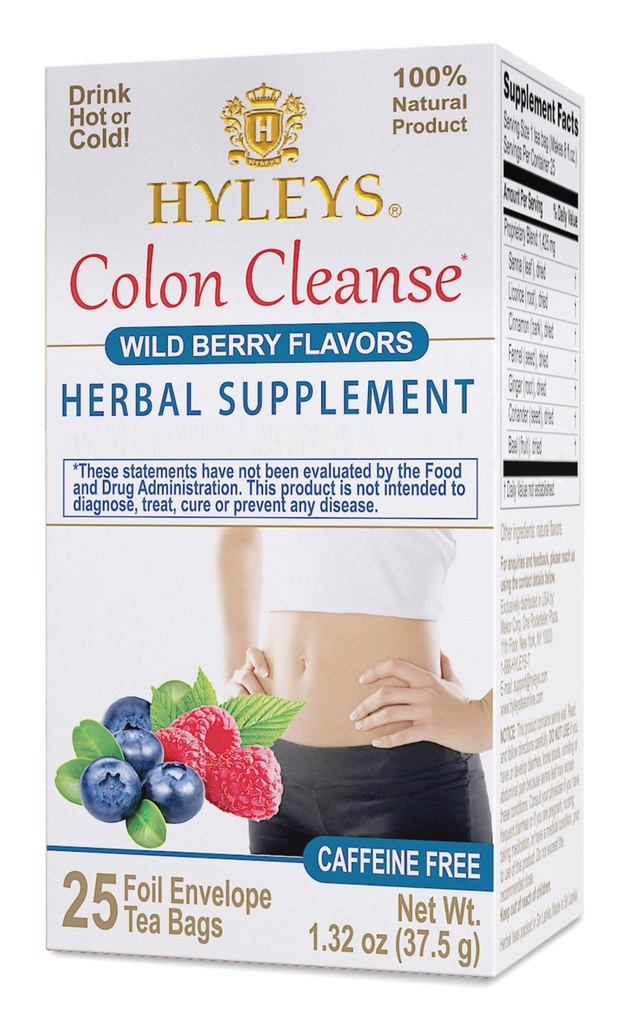 HYLEYS Colon Cleanse Tea, Wild Berry Flavor - 25 Individually Wrapped Herbal Tea Bags - Caffeine Free, Vegan