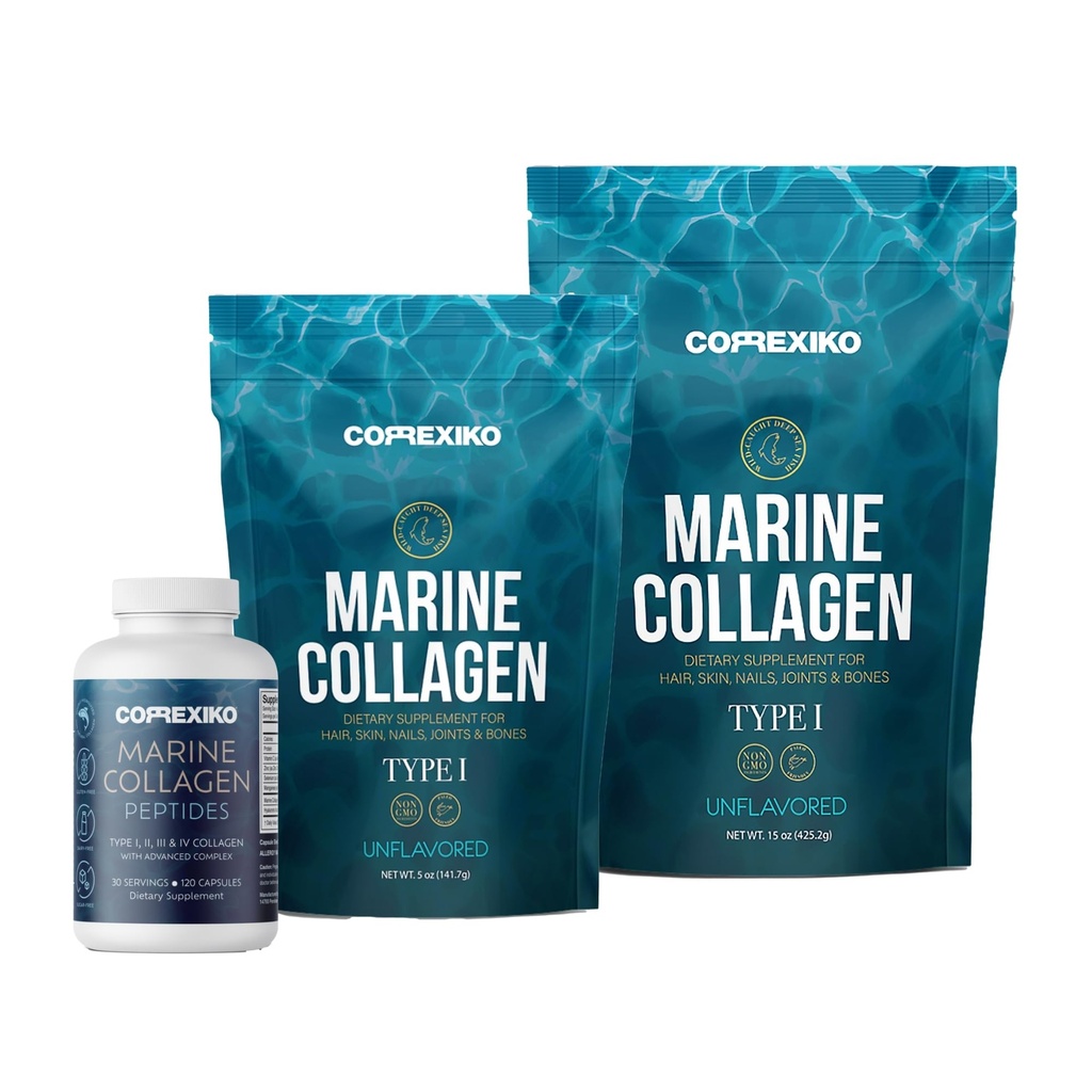 CORREXIKO Marine Collagen Supplement Pills & Powder Bundle - Περιλαμβάνει 10.000mg διπλή υδρολυμένη σκόνη κολλαγόνου 15 oz & 5oz και 1800mg κολλαγόνο Peptides 120 κάψουλες - για τα μαλλιά, δέρμα & νύχια