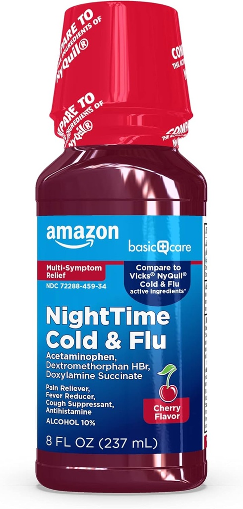 Basic Care Nighttime Cold & Flu Relief Syrup, Pain Reliever, Fever Reducer, Cough Suppressant, Antihistamine, Cherry, 8 fl oz (Pack of 1)