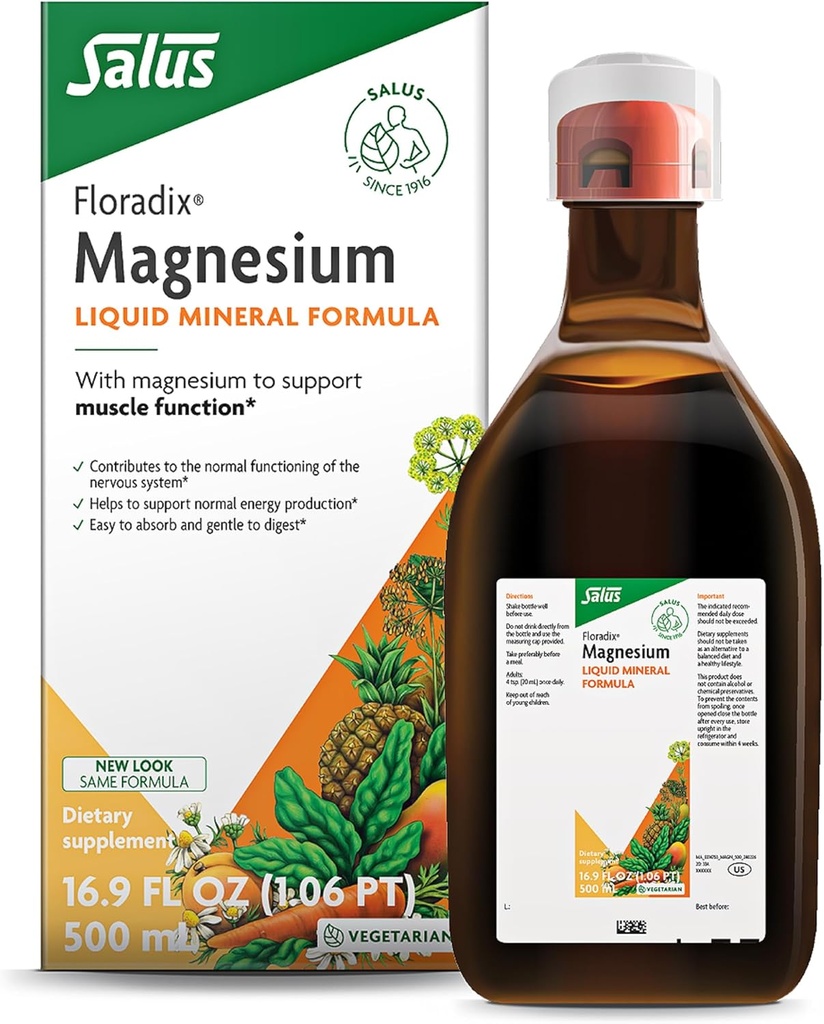 Floradix Magnesium - Liquid Herbal & Mineral Supplement Supports Healthy Nervous System & Normal Muscle Function - Gentle Liquid Formula - Vegetarian, Gluten-Free & Non-GMO - 16.9 fl oz