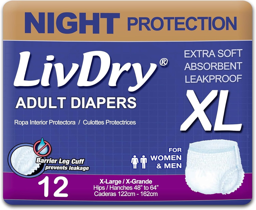 LivDry XL Διανυκτέρευση Adult Diaspers για γυναίκες και άνδρες, Ακράτεια Εσώρουχα, X-Large, 12-Pack