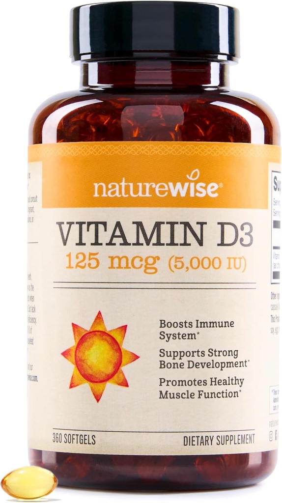 NatureWise Vitamin D3 5000iu (125 mcg) 1 έτος προσφοράς για την υποστήριξη του ανοσοποιητικού, υγιής λειτουργία των μυών, και την υγεία των οστών - Μη-ΓΤΟ, Χωρίς γλουτένη σε βιολογικό επιπλέον παρθένο ελαιόλαδο, (Mini Softgel), 360 κόμης