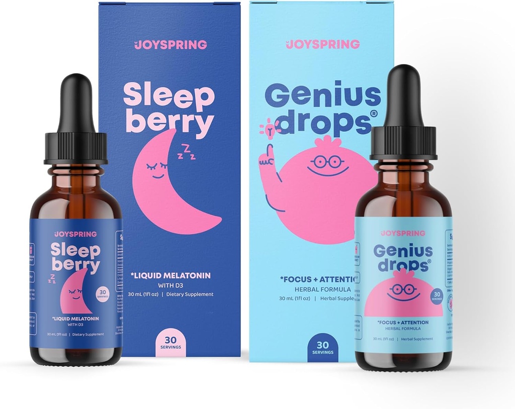 JoySpring Genius Drops Brain Supplement and SleepBerry Melatonin for Kids Sleep Support