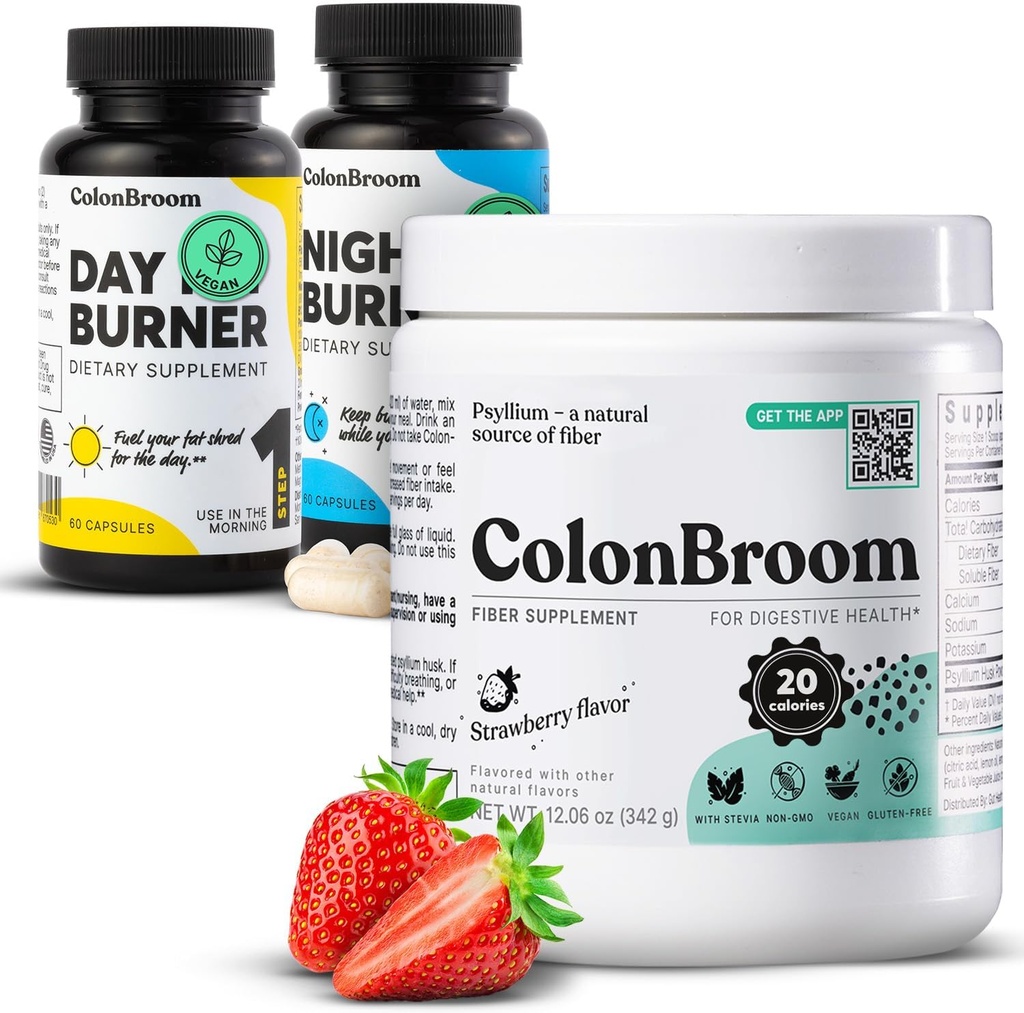 ColonBroom Psyllium Husk Powder, Colon Broom Colon Cleanser Fiber Supplement για Bloating Relief & Gut Health + Day & Night Burner Συμπληρώματα, Χάπια Διαχείρισης Βάρος (60 Services), 3 Είδη