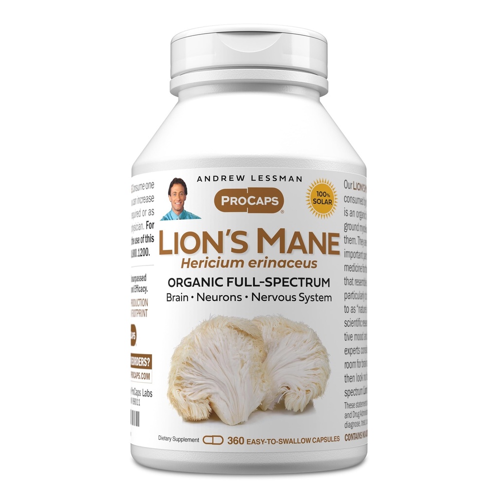ANDREW LESSMAN Lion’s Mane 360 Κάψουλες - Organic Full Spectrum Lion’s Mane Mushroom Extract - Υποστηρίζει υγιή εγκέφαλο, γνωστική και νευρική λειτουργία του συστήματος - Δεν Πρόσθετα.