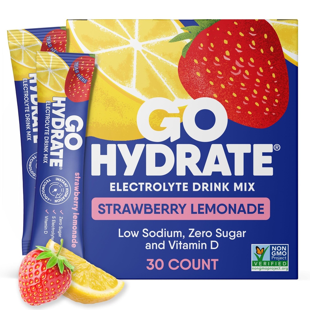 GoHydrate Low Sodium Electrolytes Powder Packets Sugar Free - Instant Hydration Daily Drink Mix - Zero Sugar Flavor Packet Singles with Vitamin D - (Λεμονάδα με μούρα, 30 συσκευασίες)