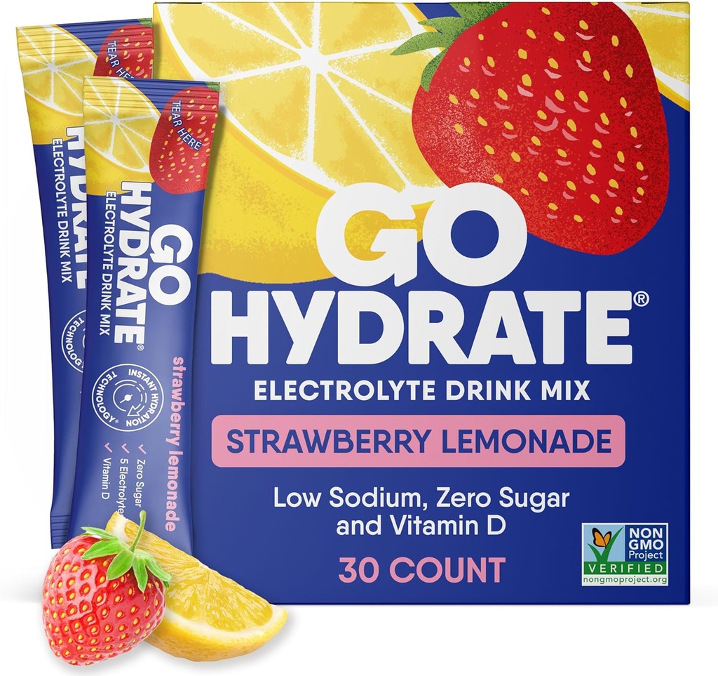 GoHydrate Low Sodium Electrolytes Powder Packets Sugar Free - Instant Hydration Daily Drink Mix - Zero Sugar Flavor Packet Singles with Vitamin D - (Λεμονάδα με μούρα, 30 συσκευασίες)