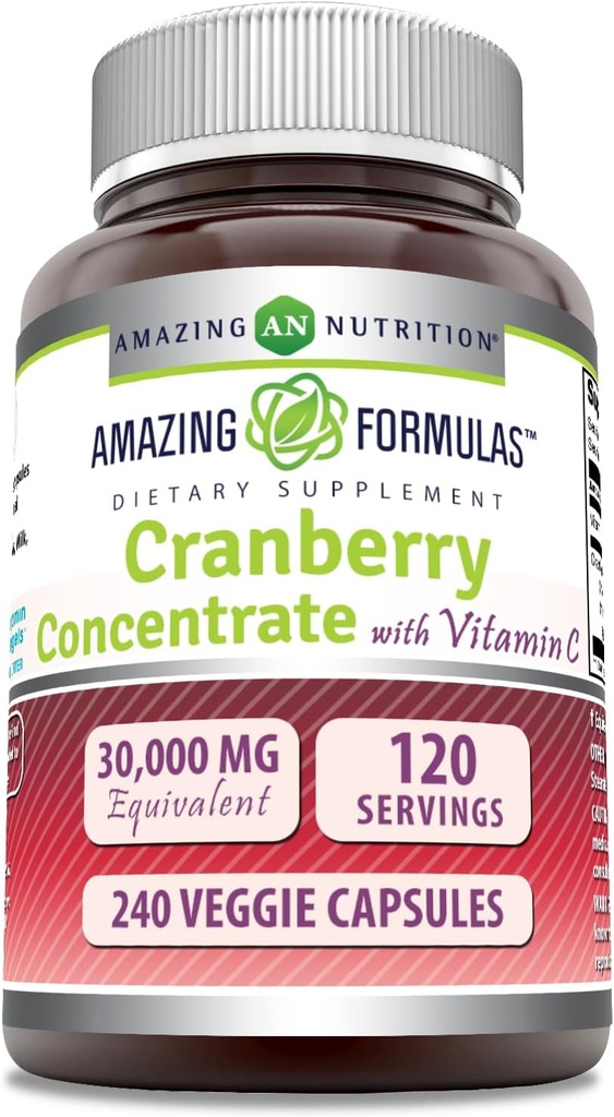 Amazing Formulas Cranberry Concentrate 30,000 mg with Vitamin C Supplement | Veggie Capsules | Super Strength | Non-GMO | Gluten Free | Made in USA (1 Pack, 240 Count)