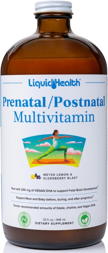 LIQUIDHEALTH Προγεννητική/Μεταγεννητική Πολλαπλή Υγρή Πολυβιταμίνη Γυναικών με Πραγματικό Φολικό - Προ & Μεταγεννητικές Βιταμίνες για Πριν, Κατά τη διάρκεια, Μετά την Εγκυμοσύνη - Made in USA, Vegan, Sugar-Free, Non-GMO (32 oz)