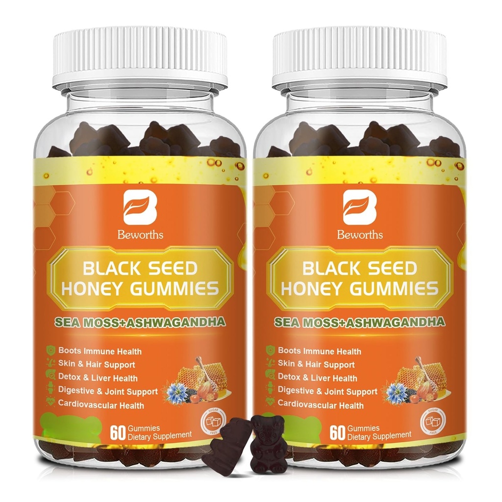 (2 Πακέτο) Μαύρος Σπόρος Θάλασσα Moss Gummies Moss με Ashwagandha, Burdock Root, Linden Honey, Elderberry, Turmeric, Βιταμίνη C, D3 & Ψευδάργυρος - Υποστηρίζει Ανοσία, αρθρώσεις, πέψη, μαλλιά & δέρμα, Vegan Gummies 120