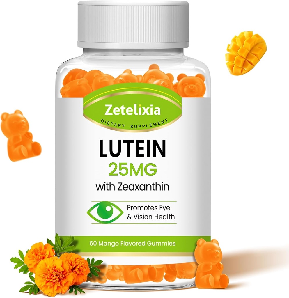 Lutein Gummies 25mg - Βιταμίνες ματιών Lutein & Zeaxanthin Συμπληρώματα υγείας ματιών για ενήλικες, Sugar Free Eye Health Gummies συμπλήρωμα - Υποστήριξη Όραμα, ωχρό, μπλε φίλτρο φωτός (60 Κόμβος)