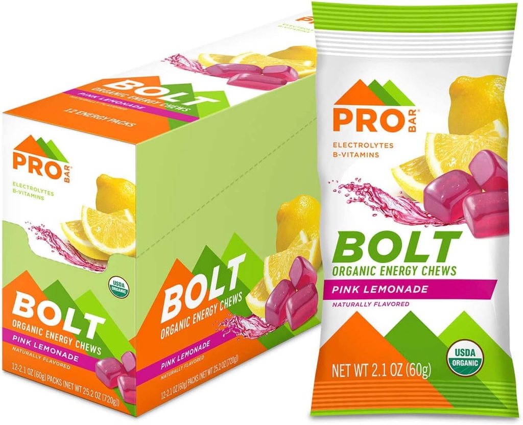 PROBAR - Bolt Organic Energy Chews, Pink Lemonade, Non-GMO, Gluten-Free, USDA Certified Organic, Healthy, Natural Energy, Fast Fuel Gummies with Vitamins B & C (12 Count)