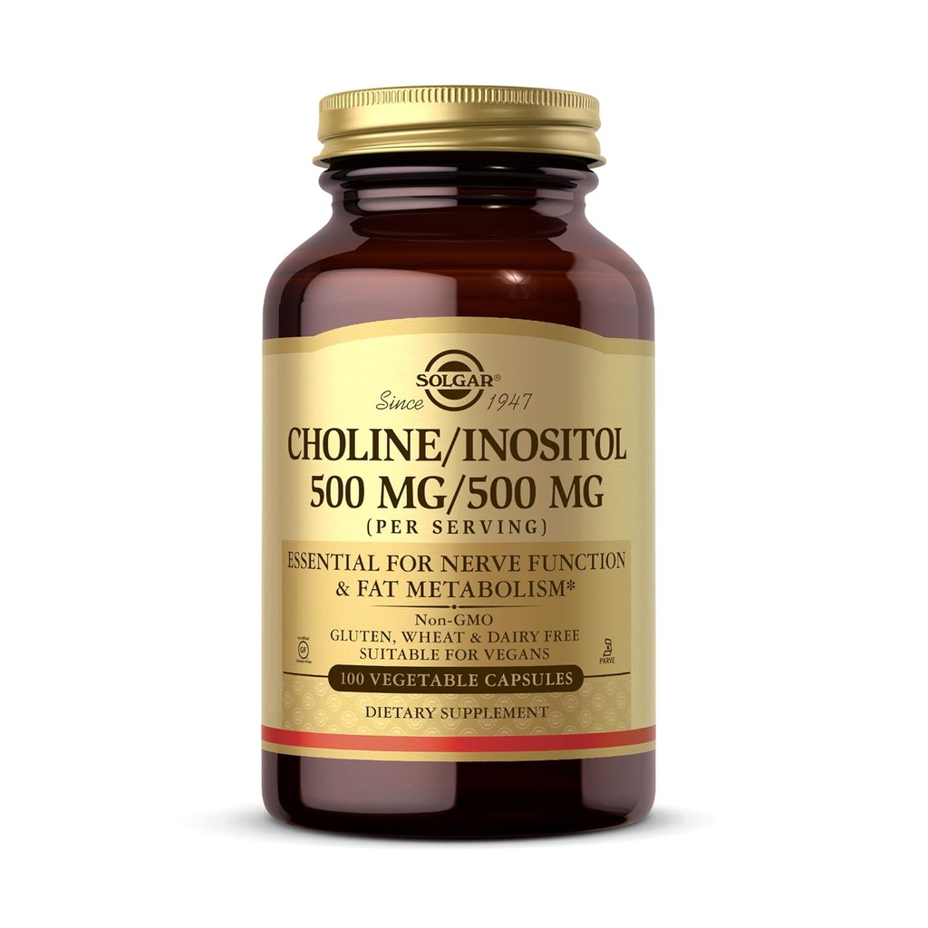 Solgar Choline/Inositol 500 mg/500 mg, 100 κάψουλες λαχανικών - Ενεργειακός Μεταβολισμός, Ηπατική Υγεία, Απαραίτητη για τη λειτουργία του εγκεφάλου & των νεύρων - Μη ΓΤΟ, Vegan, Χωρίς γλουτένη, Χωρίς γαλακτοκομικά, Kosher - 50 Σερβιέτες