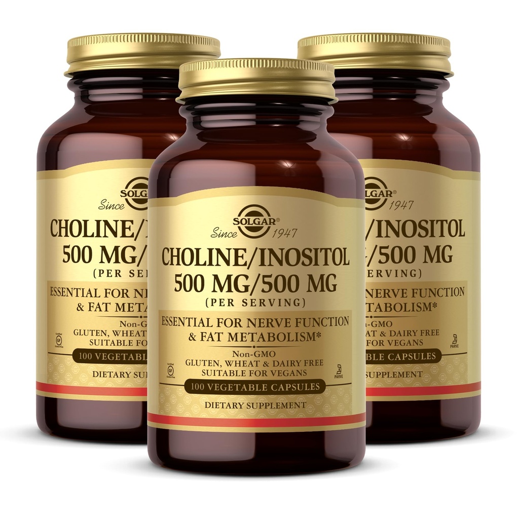 Solgar Choline/Inositol 500 mg/500 mg, 100 κάψουλες λαχανικών - Ενεργειακός Μεταβολισμός, Ηπατική Υγεία, Απαραίτητη για τη λειτουργία του εγκεφάλου & των νεύρων - Μη ΓΤΟ, Vegan, Χωρίς γλουτένη, Χωρίς γαλακτοκομικά, Kosher - 50 Σερβιέτες