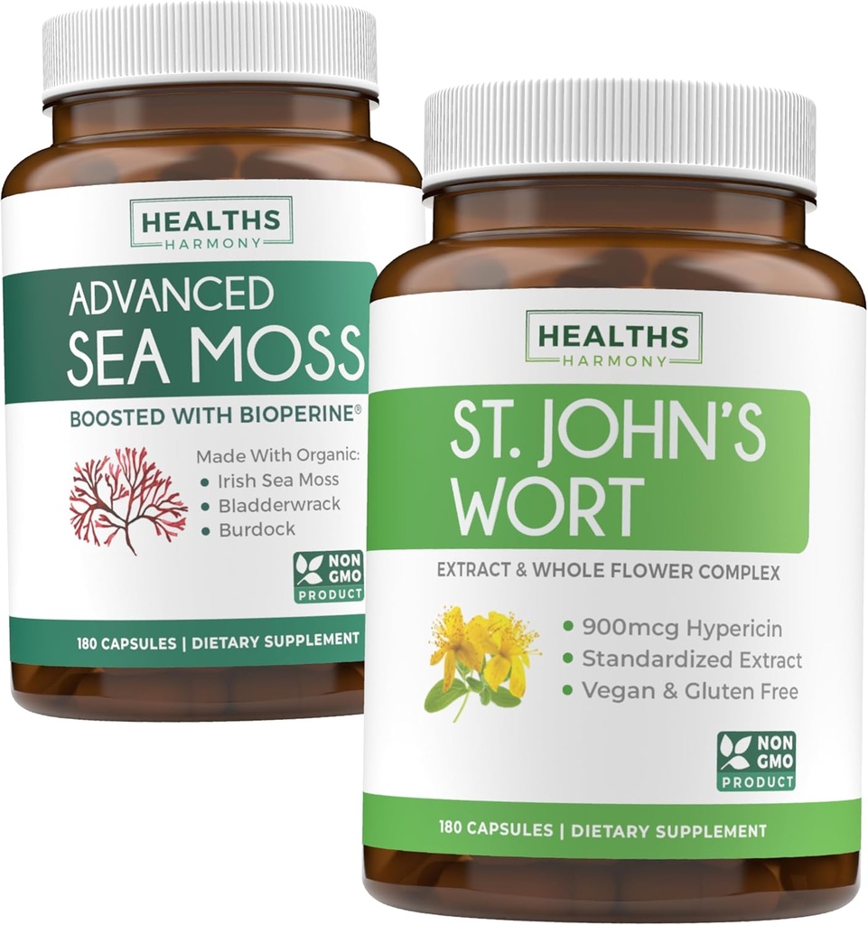 Sea Moss & St. John's Wort (2-Month Supply) Mood Moss Blend - Organic Irish Sea Moss - Raw Vegan Supplement (180 Caps) & St John's Wort with Ισχυρό 900mcg Hypericin Vegan Non-GMO (180 Κάψουλες)