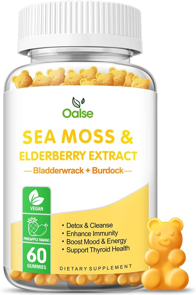 Sea Moss Gummies for Adults and Kids, 2000mg Ακατέργαστο Seamoss, Bladderwrack, Burdock Root, Elderberry, Pepper, Βιταμίνη C & D3, Ο ψευδάργυρος υποστηρίζει το ανοσοποιητικό σύστημα και την ενίσχυση της ενέργειας (1-Pack)