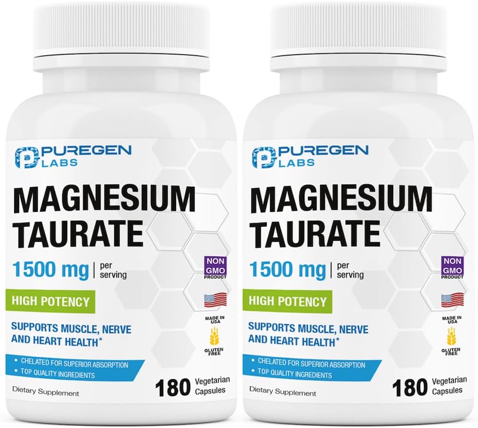 Puregen Labs Μαγνήσιο Taurate 1500mg ανά Σερβίρισμα [Υψηλή Ικανότητα] Σύνολο 360 Veggie Caps, Chelated for Superior Abvortion, Non-GMO, NO Glutten and Dairy 