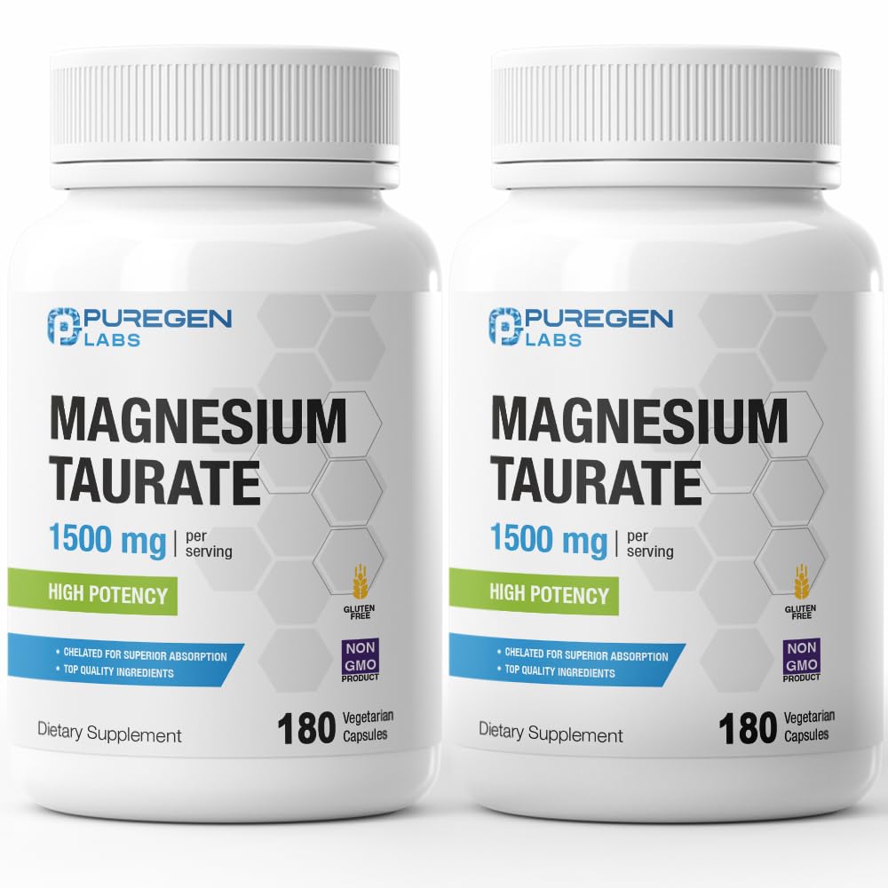 Puregen Labs Magnesium Taurate 1500mg per Serving [High Potency] Total 360 Veggie Caps, Chelated for Superior Absorption, Non-GMO, NO Gluten and Dairy