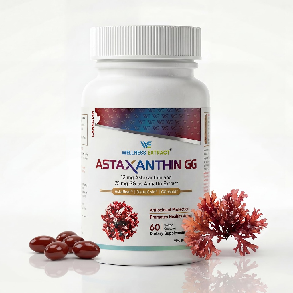 WELLESS EXTRACT Astaxanthin 12mg συμπλήρωμα – AstaREALTM Ασταξανθίνη με GG-Gold® Geranylgeraniol & DeltaGold® Tocotrienols, Ισχυρά Αντιοξειδωτικά για την υποστήριξη των ματιών, του δέρματος και της καρδιάς