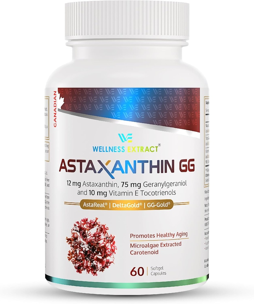 WELLNESS EXTRACT Astaxanthin-GG – AstaREAL™ Astaxanthin Supplement, GG-Gold® Geranylgeraniol, DeltaGold® Tocotrienols Supports Eye, Skin and Heart Health - 60 softgels