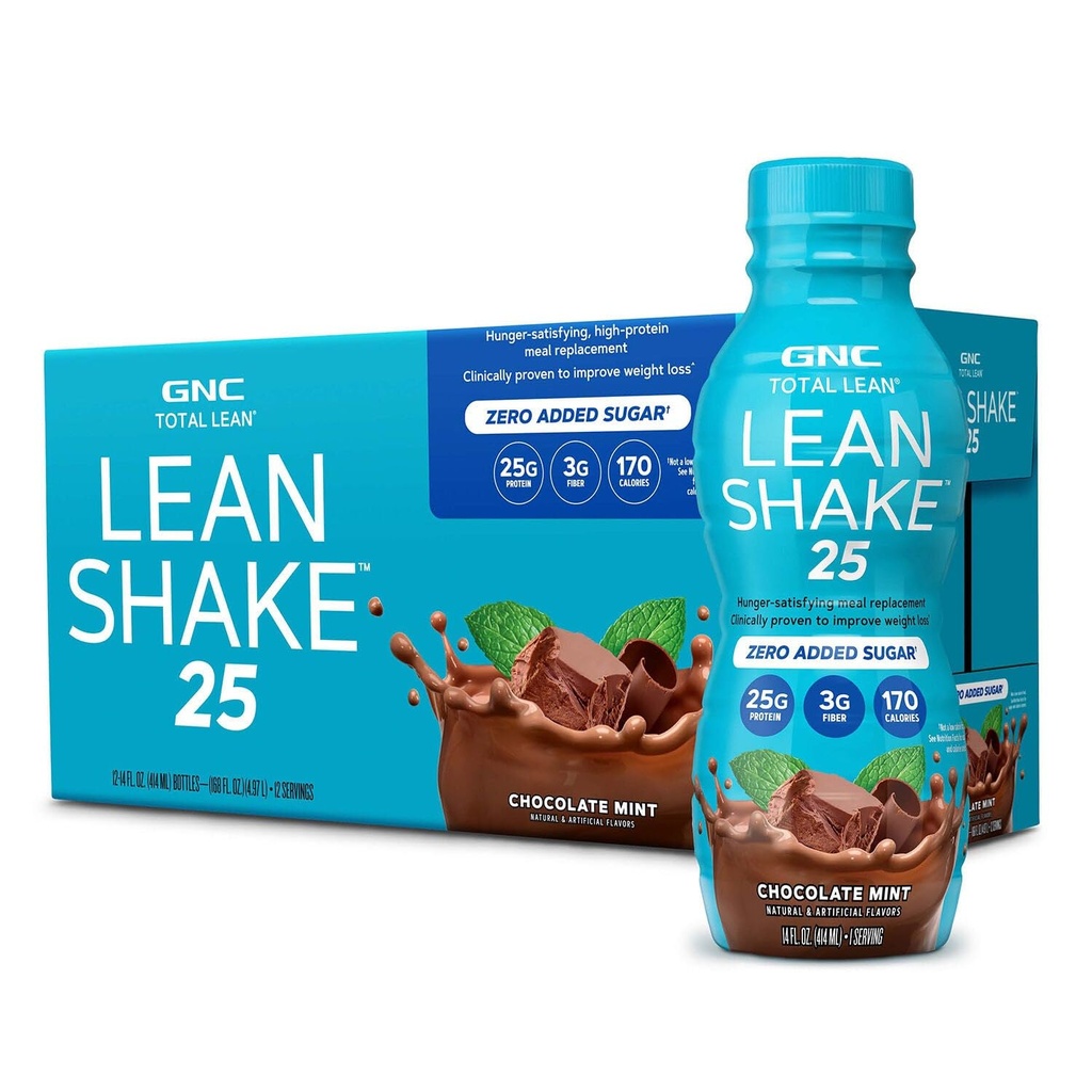GNC Lean Shake 25 Protein Shake, Clinically Αποδεδειγμένη Διαχείριση Βάρους, Αντικατάσταση γεύματος, 25g Πρωτεΐνη με Μηδενική Προστιθέμενη Ζάχαρη, Έτοιμη για Ποτό, Μέντα σοκολάτας, Συσκευασία των 12