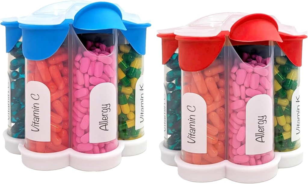 Extra Large Pill Organizer Καθημερινά, εβδομαδιαία, μηνιαία συμπλήρωμα μπουκάλι, χαριτωμένο Blossom Pill Dispenser με 7 XL διαμερίσματα (2 πακέτο Combo) (Φως μπλε και κόκκινο)
