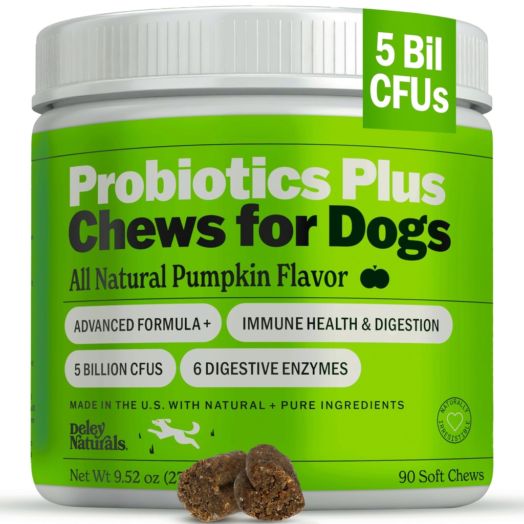 Deley Naturals Probiotics Plus Chews for Dogs, Gut Health Supplement, 5 Billion CFU's, Digestive Enzymes, Prebiotics, Dog Allergies, Diarrhea, Yeast, Pumpkin Flavor, 90 Count - Made in The USA