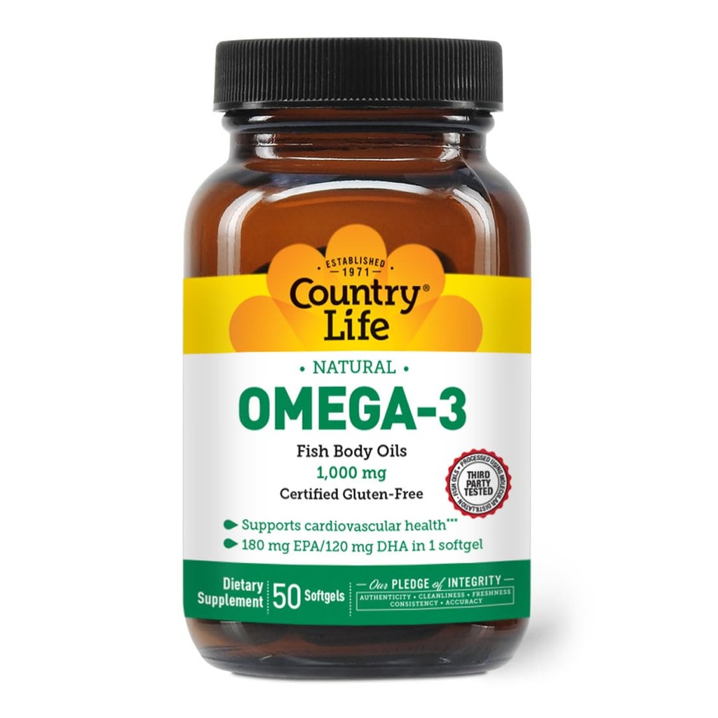 Country Life Omega-3 Fish Oil Supplement, 10000mg, 180mg EPA & 120mg DHA, Fish Oil Συμπυκνωμένο, Burpless, 50 Softgels, Certified Gluten Free