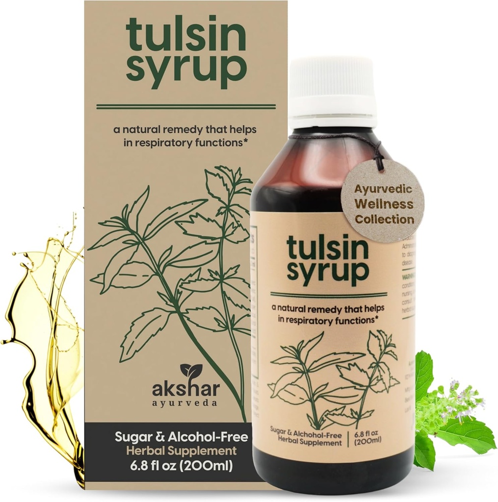 AKSHAR Ayurveda - Tulsin Syrup, Φυσικό Σιρόπι Βήχας με Λικέρς, Τζίντζερ, Κουρκουμάς, Βασίλειος, Μαλαμπάρ Καρύδι - Συμπληρώματα Υγείας του Πνεύμονα Αναπνευστική, Mucus Relief & Bronchial Wellness Syrup (6,8 fl oz)