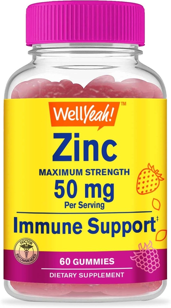 WellYeah Zinc Gummies 50 mg - Υποστηρίζει υγιή ανοσοποιητική λειτουργία και αντιοξειδωτική υγεία - Φυσικό άρωμα μούρου - Χωρίς γλουτένη, χωρίς γλουτένη - Chewable Gummy Dietary Supplement - 60 Gummies