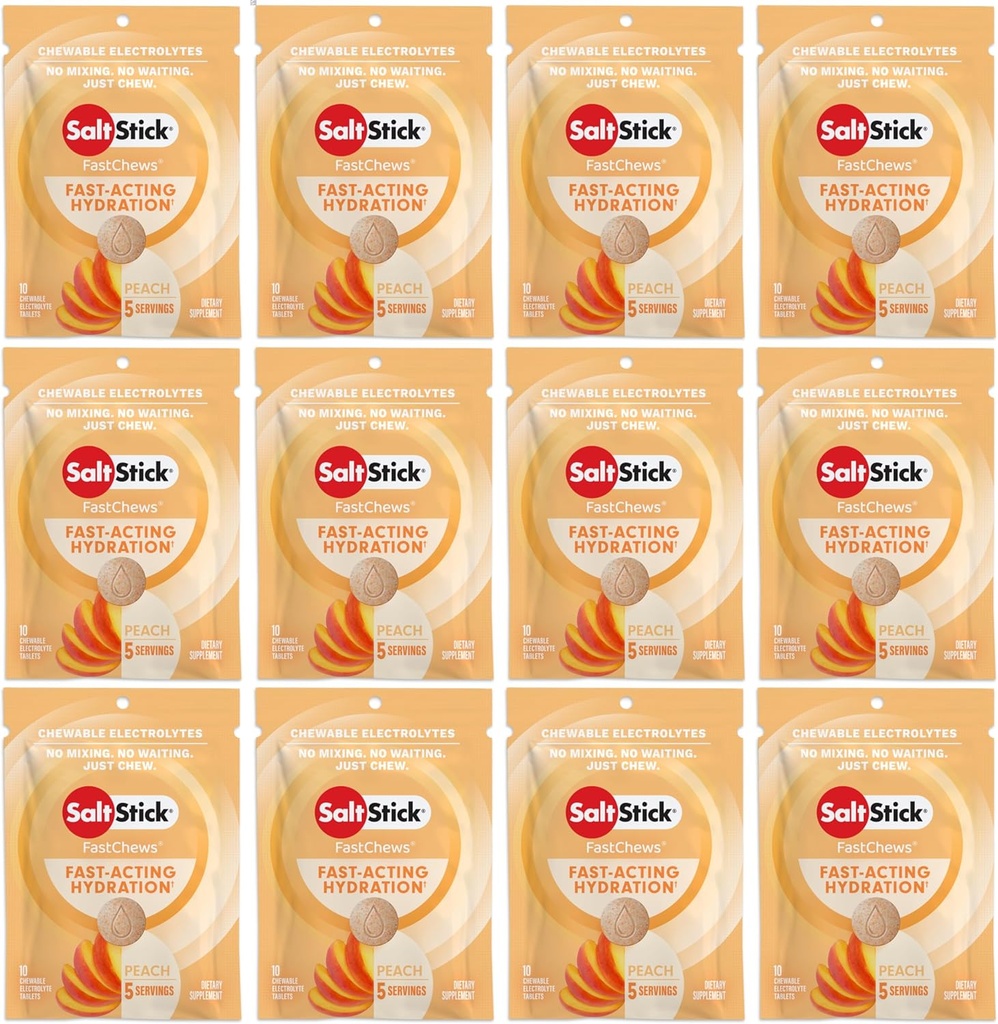 ΑλάτιStick Ηλεκτρολυτές FastChews - 120 Ροδάκινα Μασώμενα Ηλεκτρολυτικά Δισκία - Ηλεκτρολυτές Μασούσες, Δισκία Αλάτι - 12 Πακέτα, 10 Δισκία Καθένα