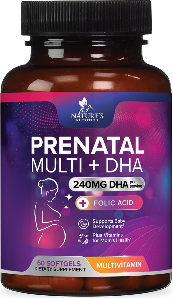 Prenatal Vitamins for Women with Folic Acid + Omega 3 DHA for Fetal Brain Development, Best Prenatal Vitamin Supplement, Daily Pregnancy Multivitamin Nutritional Support, Non-GMO - 60 Softgels