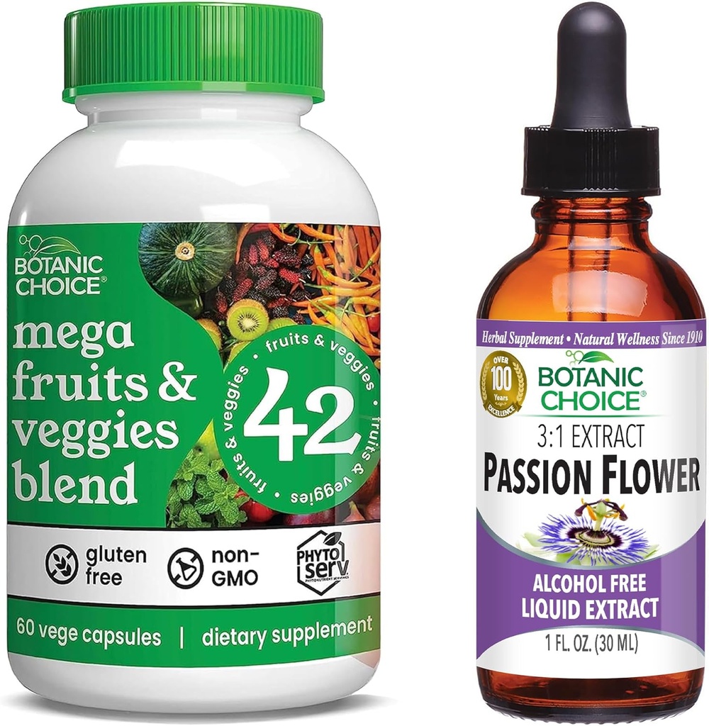 Botanic Choice Mega Fruits and Veggies Blend (60 κάψουλες) + εκχύλισμα λουλουδιών πάθους (1 fl oz) Bundle - Energy Balance & Superfood Supplement + Relaxation Support