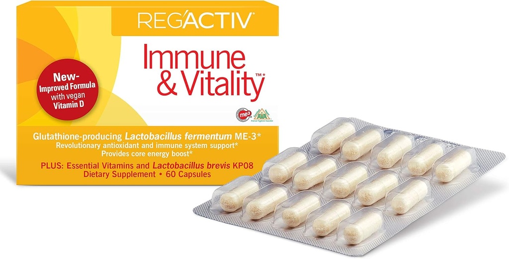 Reg'Activ Immune & Vitality - Μεταβολισμός Booster με Lactobacillus fermentum ME-3 Προβιοτικά για συμπληρώματα υγείας Digestive Health Gut Health, με Βιταμίνες Vegan Απαραίτητες για την ανοσοσυντήρηση της υγείας